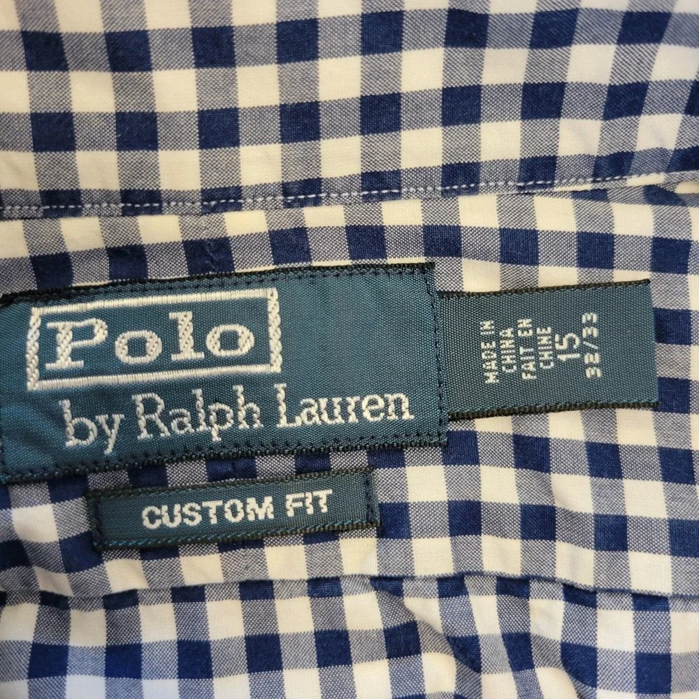 Polo Ralph Lauren Mens Gingham Shirt Navy Blue White Custom Fit 15 32/33 Pony